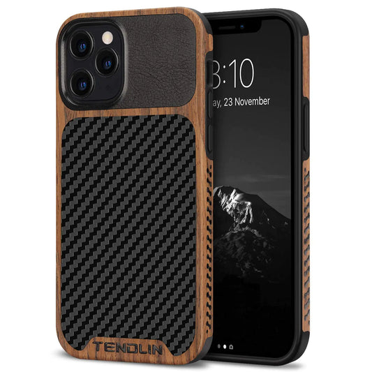 TENDLIN Compatible with iPhone 12 Case/iPhone 12 Pro Case Wood Grain with Carbon Fiber Texture Design Leather Hybrid Case Black