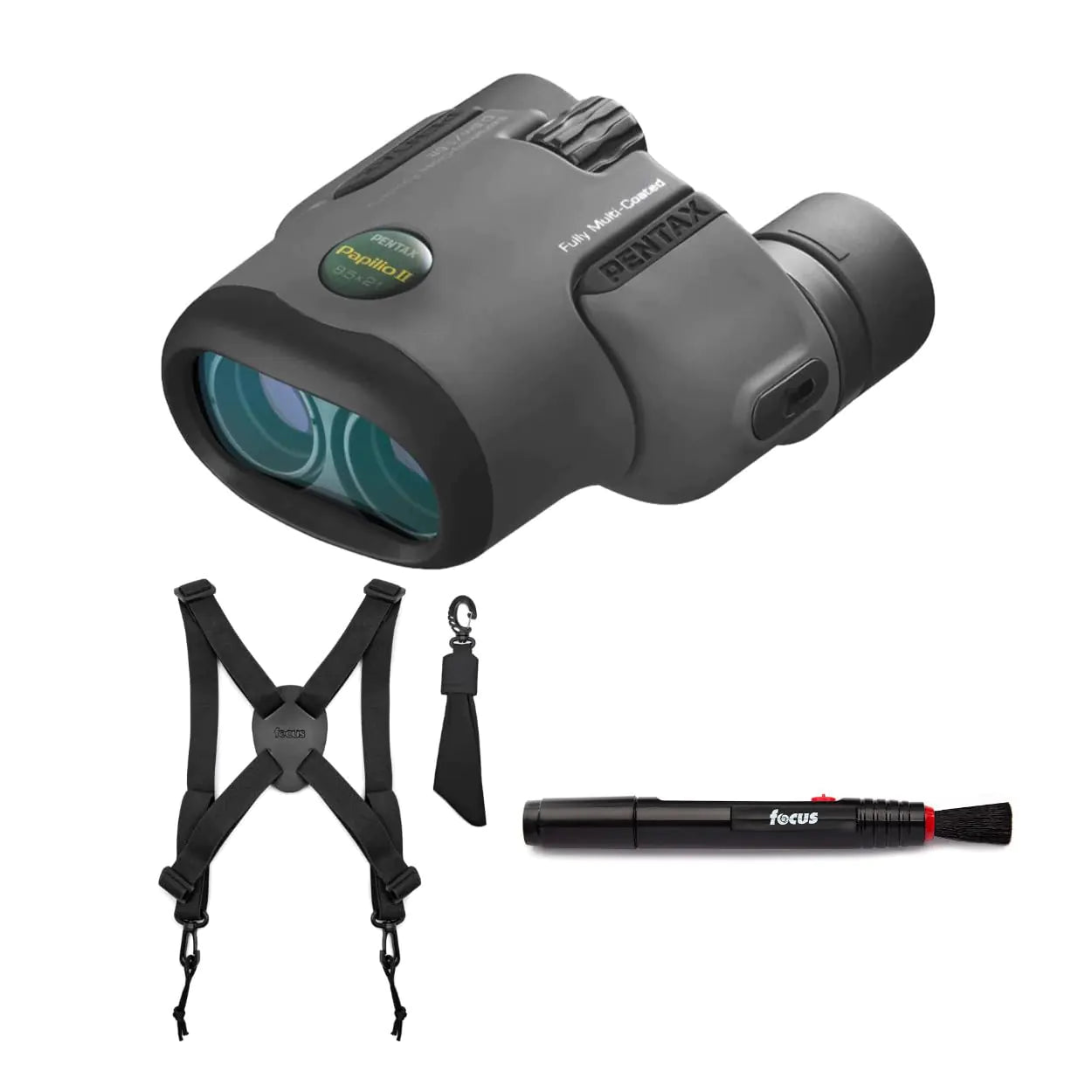 Pentax Papilio II 8.5x21 Porro Prism Binoculars Bundle with Binocular Harness and Lens Cleaning Pen (3 Items)