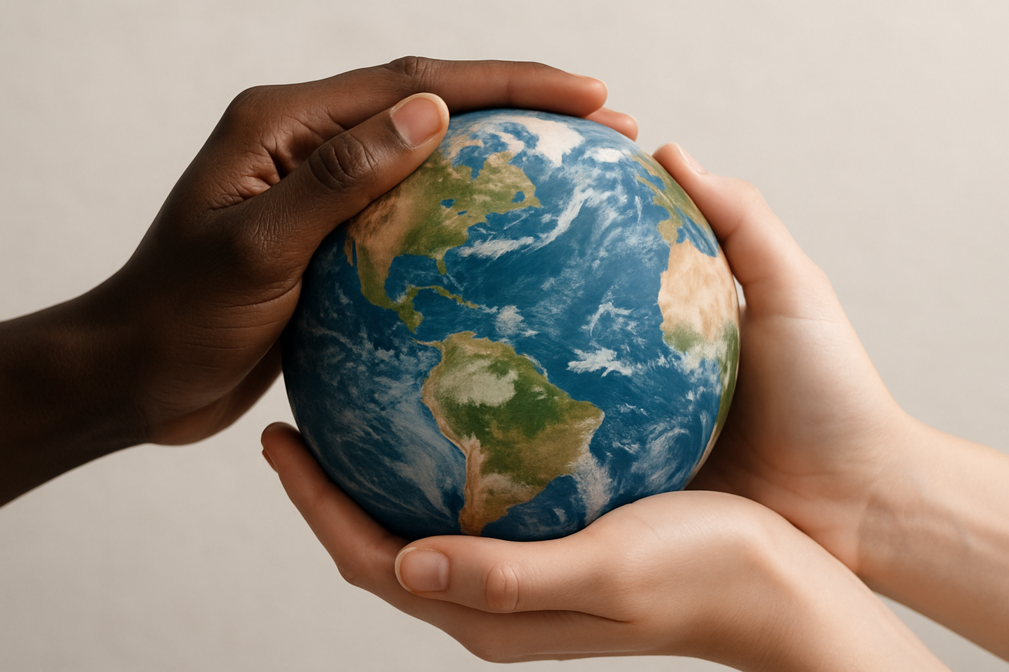 A black hand and a white hand holding the earth representing togetherness.